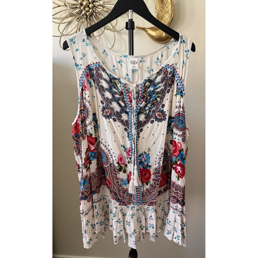 Bila Bohoā Floral Paisley Sleeveless Tunic Top Tassel Ruffle Hem Rayon XXL